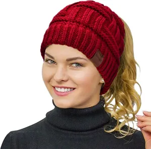 Rosoz Womens Ponytail Beanie Winter Beanie Hat Ponytail Hatfor Women Tail Stretch Cable Knit Cap Messy High Bun Hat