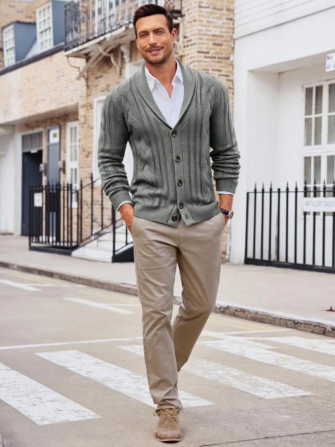 Runcati Mens Cardigan Sweater Cable Knit Button Down Shawl Collar Casual Long Sleeve Fall Winter Sweaters