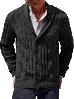 Runcati Mens Cardigan Sweater Cable Knit Button Down Shawl Collar Casual Long Sleeve Fall Winter Sweaters