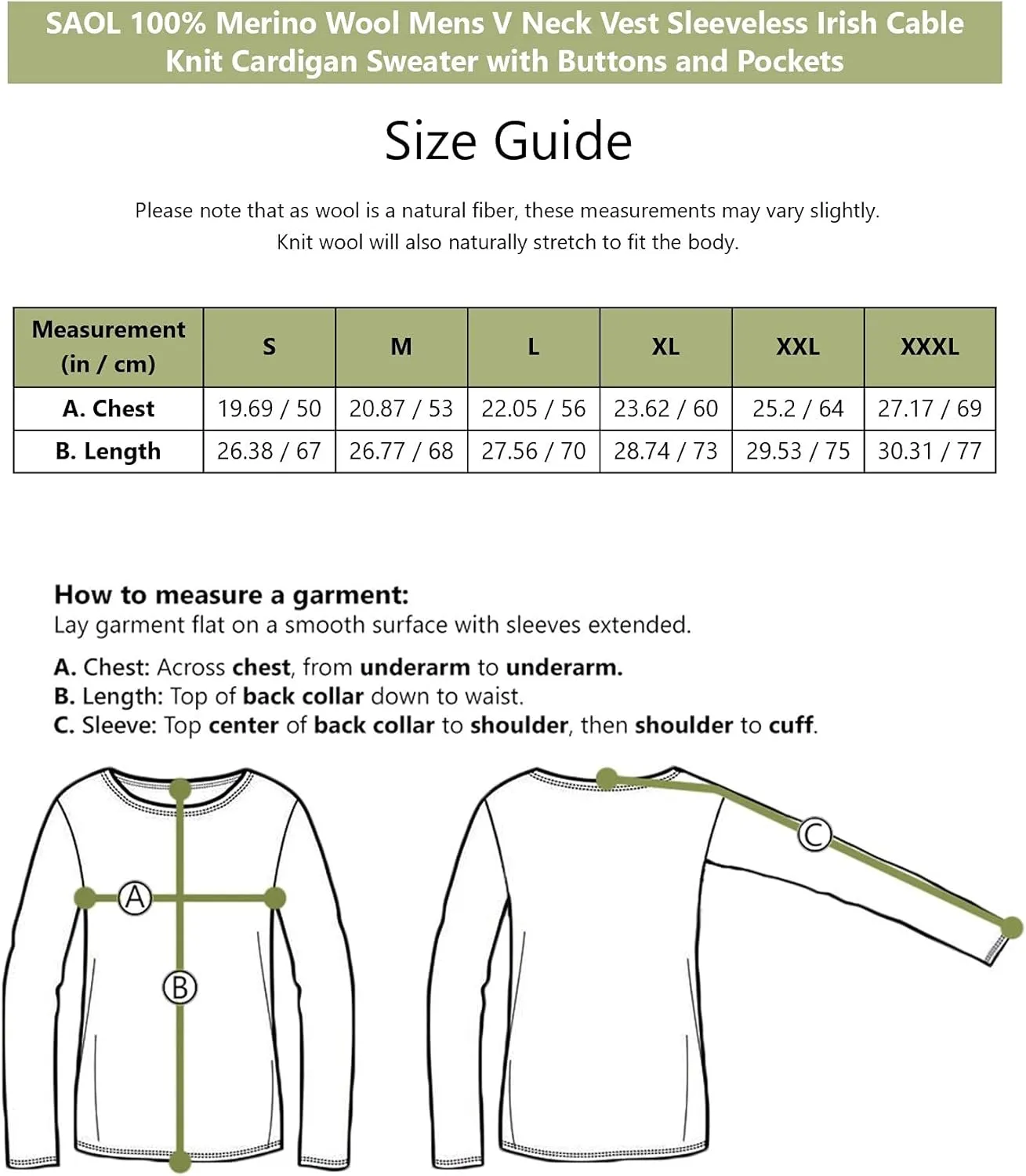 SAOL 100% Merino Wool Mens V Neck Vest Sleeveless Irish Cable Knit Cardigan Sweater with Buttons and Pockets