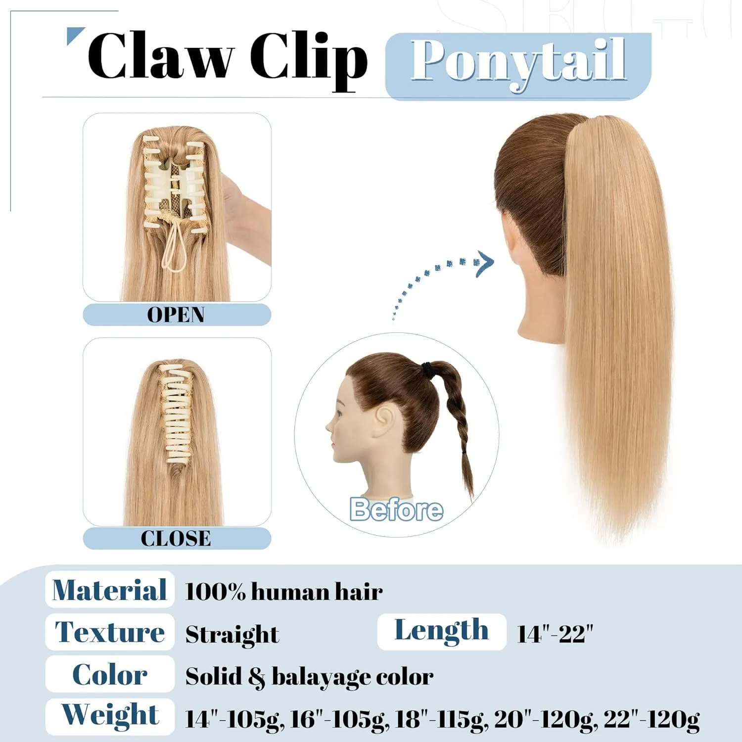 SEGO Claw Clip Ponytail Extension Human Hair Clip in Ponytail Hair Extensions Real Human Hair Pony Tails Hair Extensions Long Straight For Women -14 Inch 105g Dark Blonde
