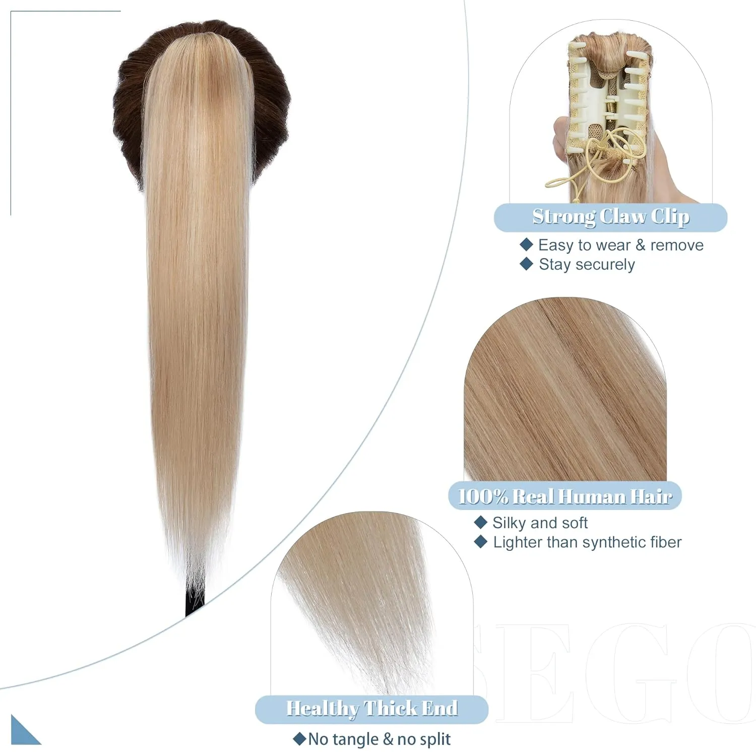 SEGO Claw Clip Ponytail Extension Human Hair Clip in Ponytail Hair Extensions Real Human Hair Pony Tails Hair Extensions Long Straight For Women 14 Inch Ash Blonde&Bleach Blonde 105 Gram