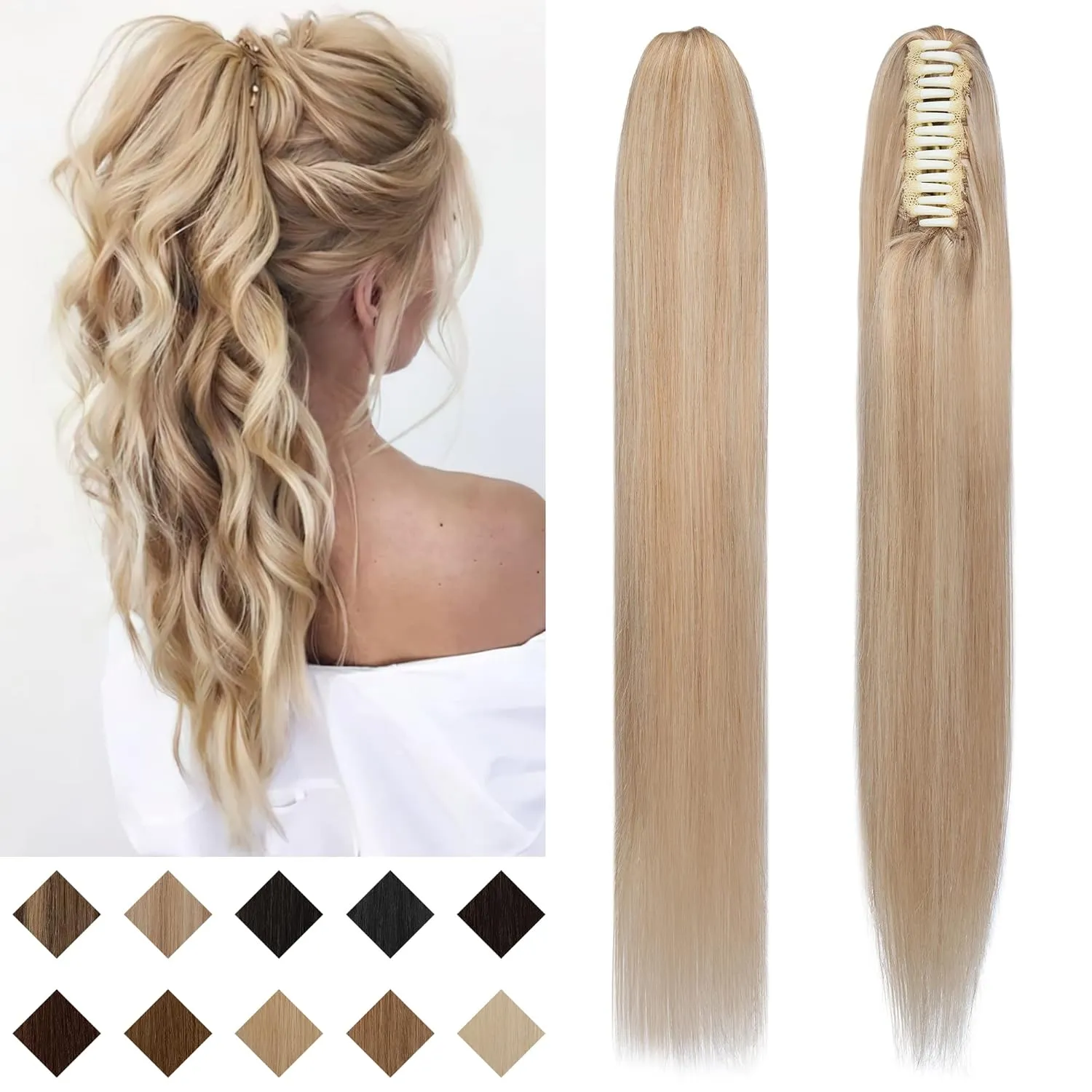 SEGO Claw Clip Ponytail Extension Human Hair Clip in Ponytail Hair Extensions Real Human Hair Pony Tails Hair Extensions Long Straight For Women 14 Inch Ash Blonde&Bleach Blonde 105 Gram