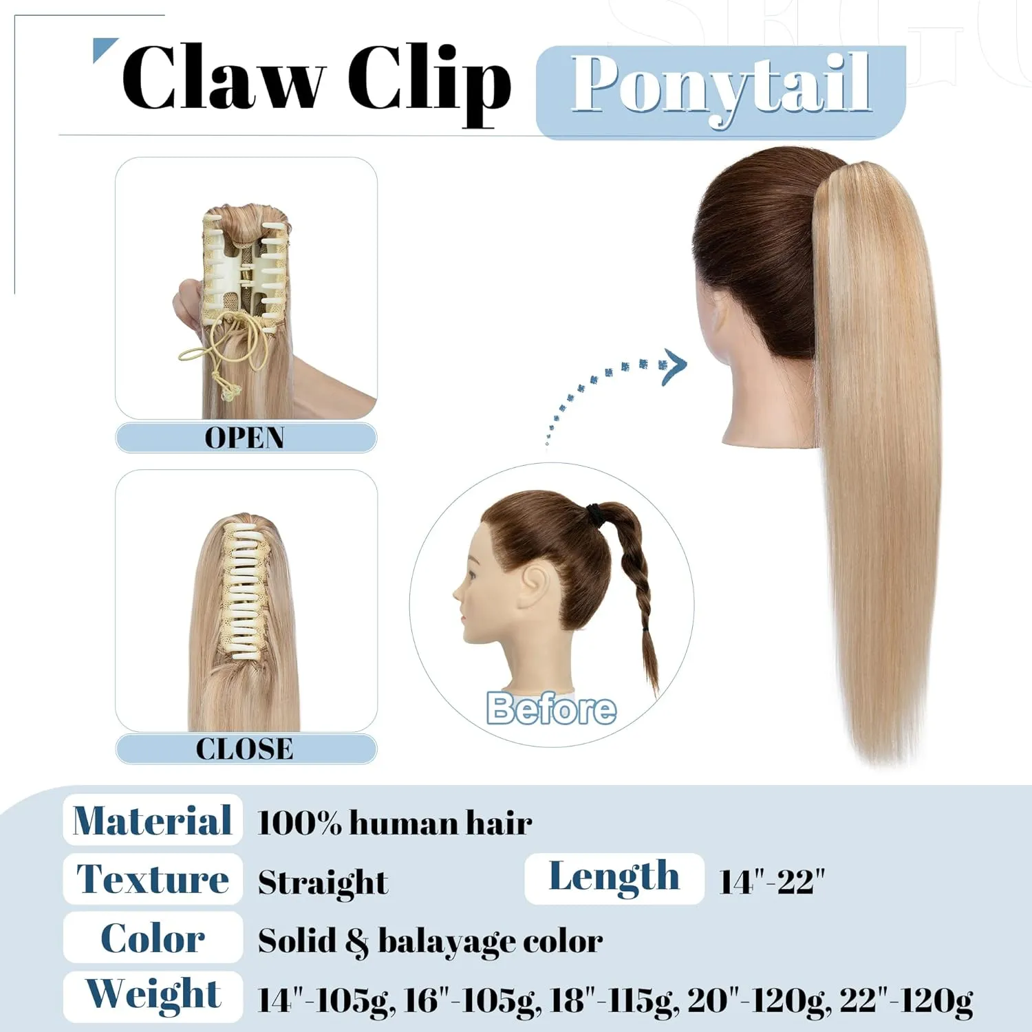 SEGO Claw Clip Ponytail Extension Human Hair Clip in Ponytail Hair Extensions Real Human Hair Pony Tails Hair Extensions Long Straight For Women 14 Inch Ash Blonde&Bleach Blonde 105 Gram