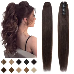 SEGO Claw Clip Ponytail Extension Human Hair Clip in Ponytail Hair Extensions Real Human Hair Pony Tails Hair Extensions Long Straight For Women 14 Inch Dark Brown 105 Gram