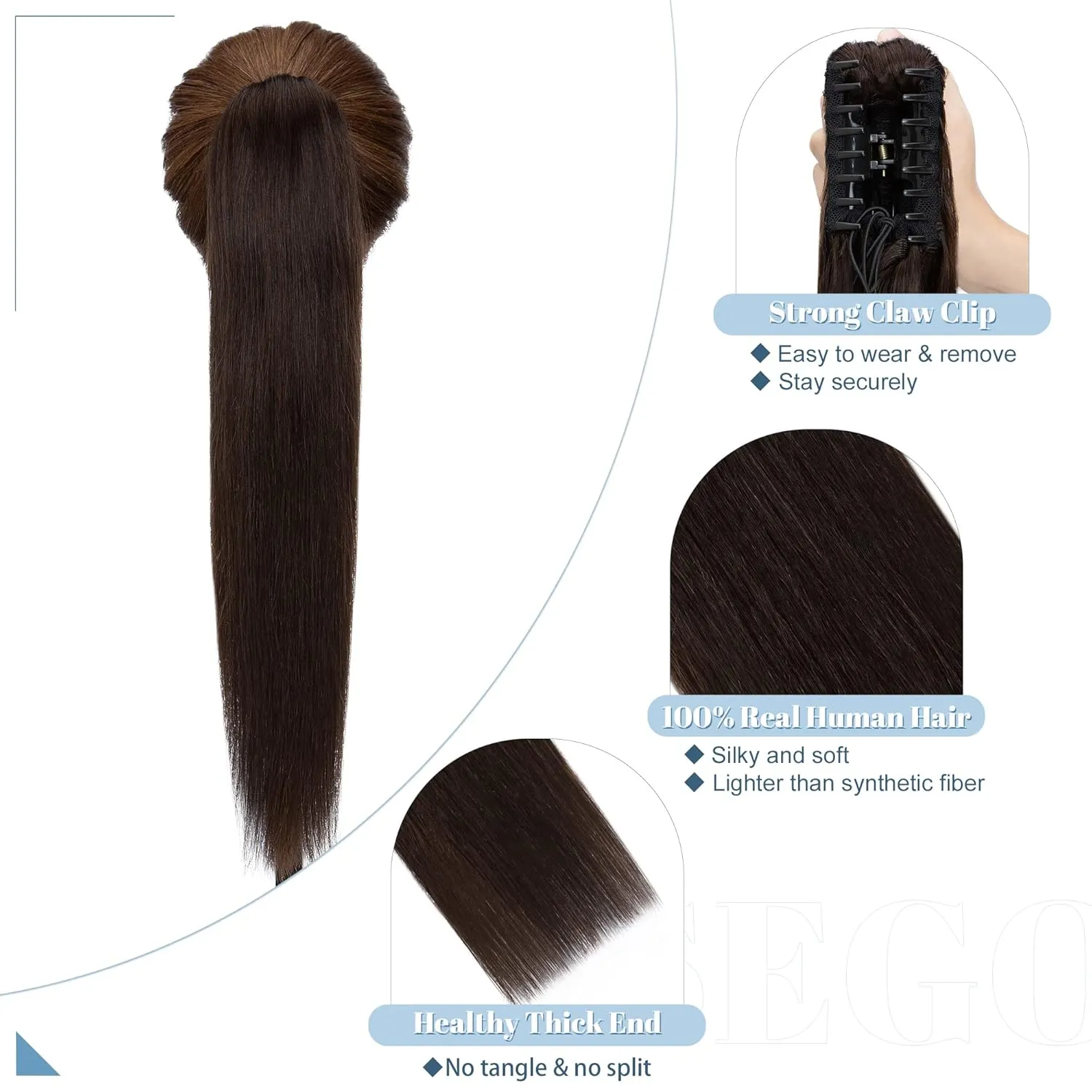 SEGO Claw Clip Ponytail Extension Human Hair Clip in Ponytail Hair Extensions Real Human Hair Pony Tails Hair Extensions Long Straight For Women 14 Inch Dark Brown 105 Gram