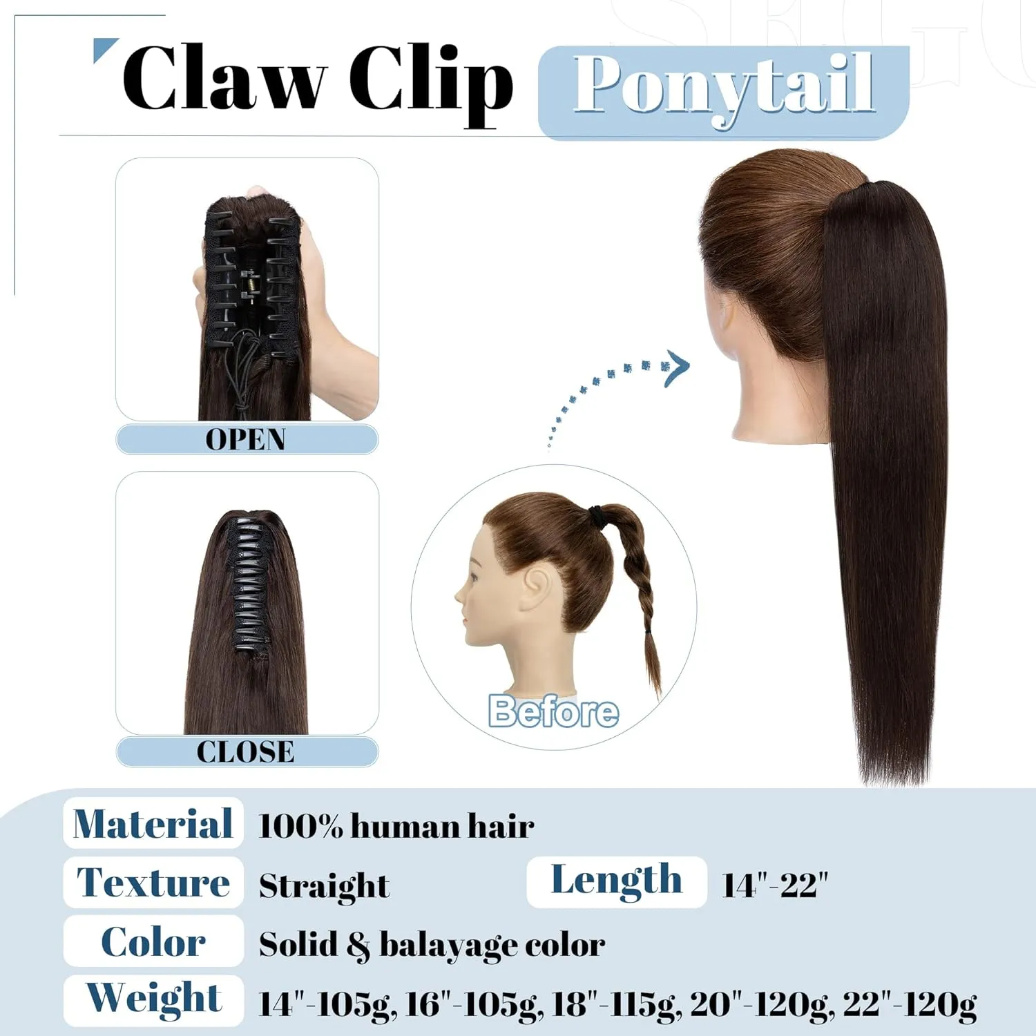 SEGO Claw Clip Ponytail Extension Human Hair Clip in Ponytail Hair Extensions Real Human Hair Pony Tails Hair Extensions Long Straight For Women 14 Inch Dark Brown 105 Gram