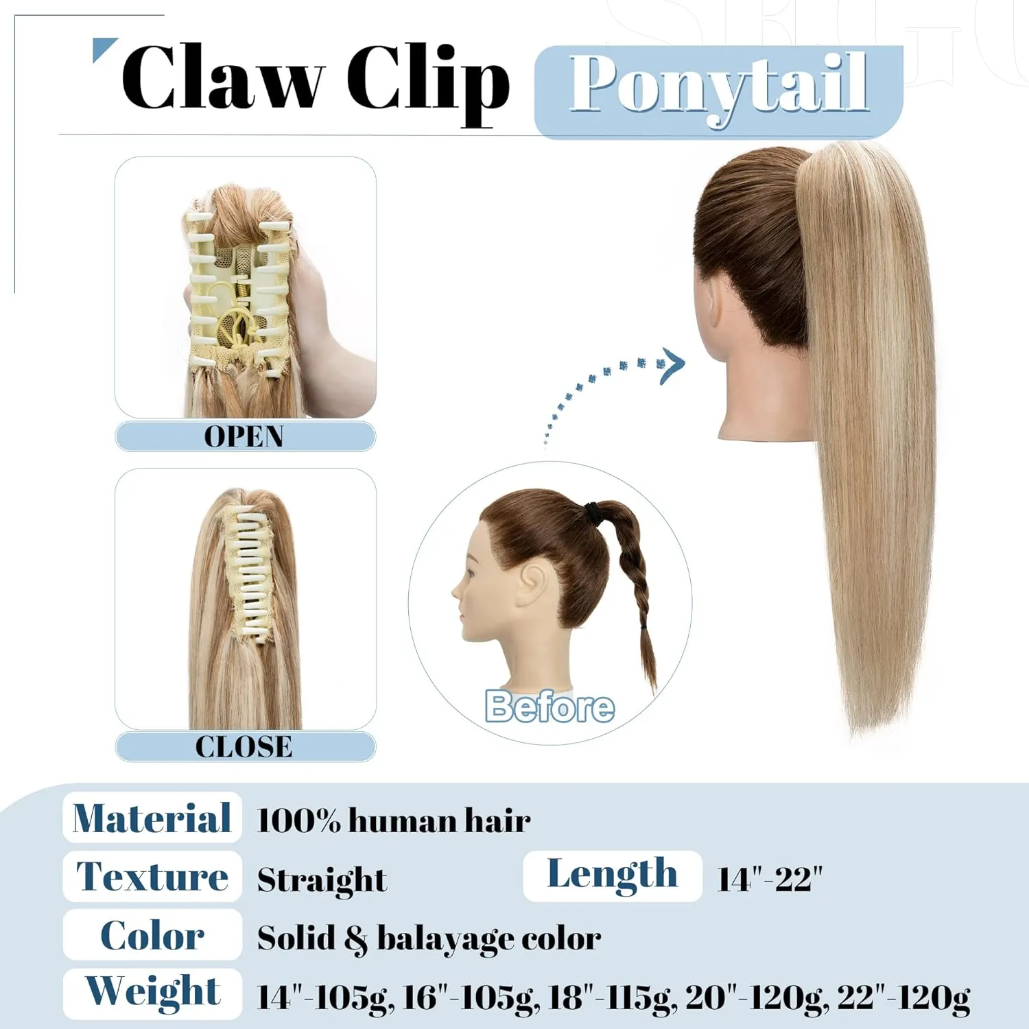 SEGO Claw Clip Ponytail Extension Human Hair Clip in Ponytail Hair Extensions Real Human Hair Pony Tails Hair Extensions Long Straight For Women 14 Inch Golden Brown&Bleach Blonde 105 Gram