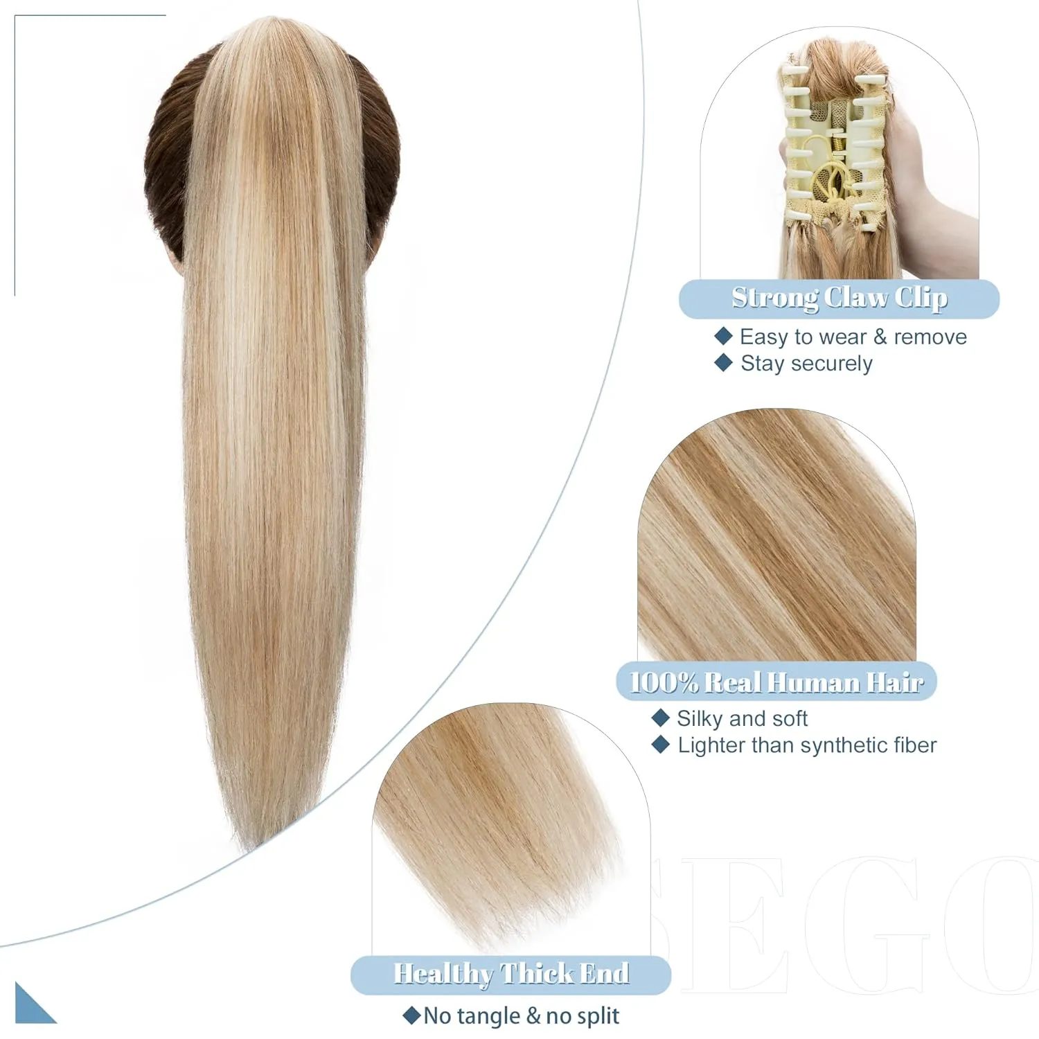 SEGO Claw Clip Ponytail Extension Human Hair Clip in Ponytail Hair Extensions Real Human Hair Pony Tails Hair Extensions Long Straight For Women 14 Inch Golden Brown&Bleach Blonde 105 Gram