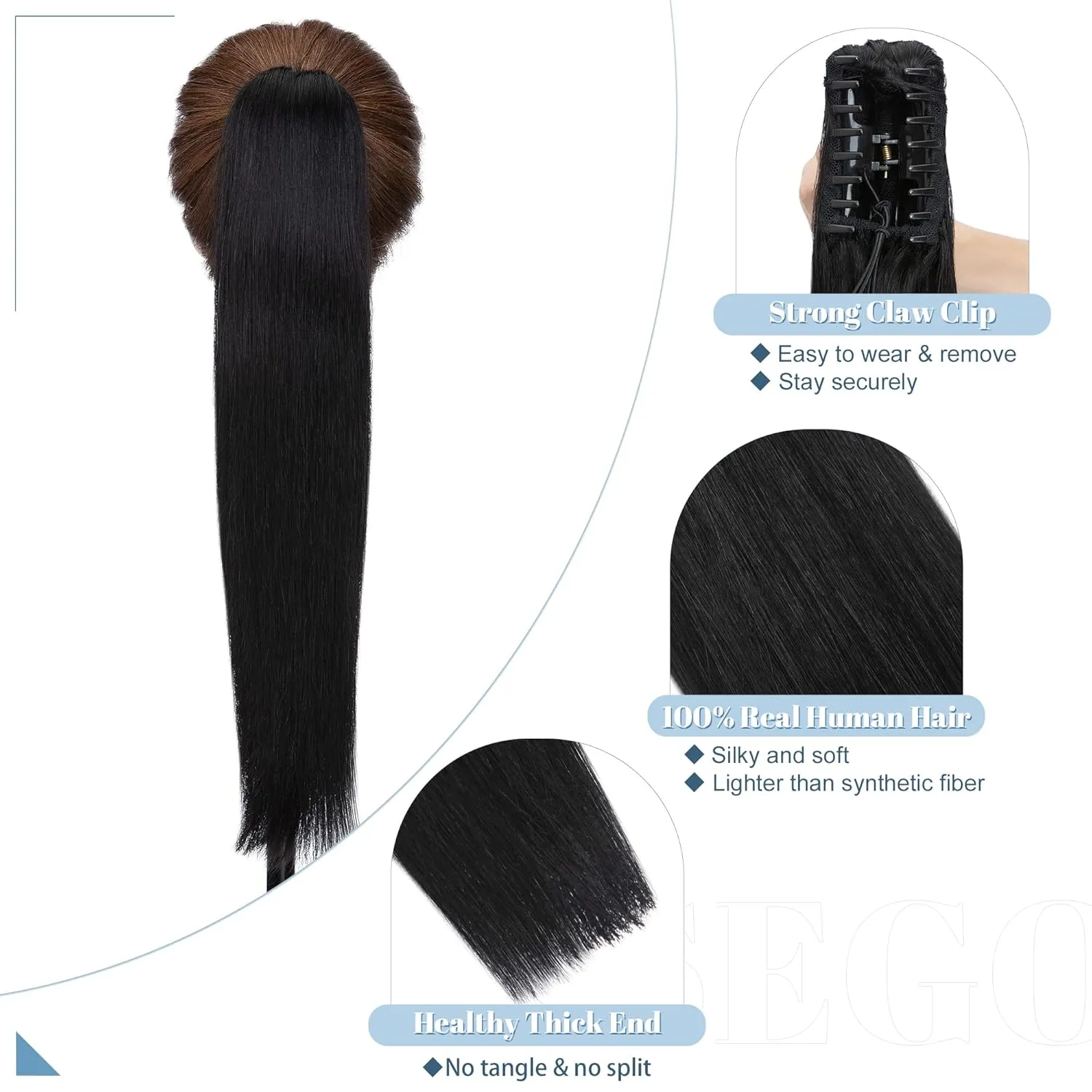 SEGO Claw Clip Ponytail Extension Human Hair Clip in Ponytail Hair Extensions Real Human Hair Pony Tails Hair Extensions Long Straight For Women 14 Inch Jet Black 105 Gram
