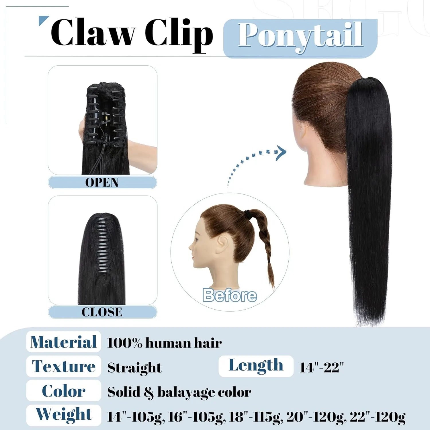 SEGO Claw Clip Ponytail Extension Human Hair Clip in Ponytail Hair Extensions Real Human Hair Pony Tails Hair Extensions Long Straight For Women 14 Inch Jet Black 105 Gram