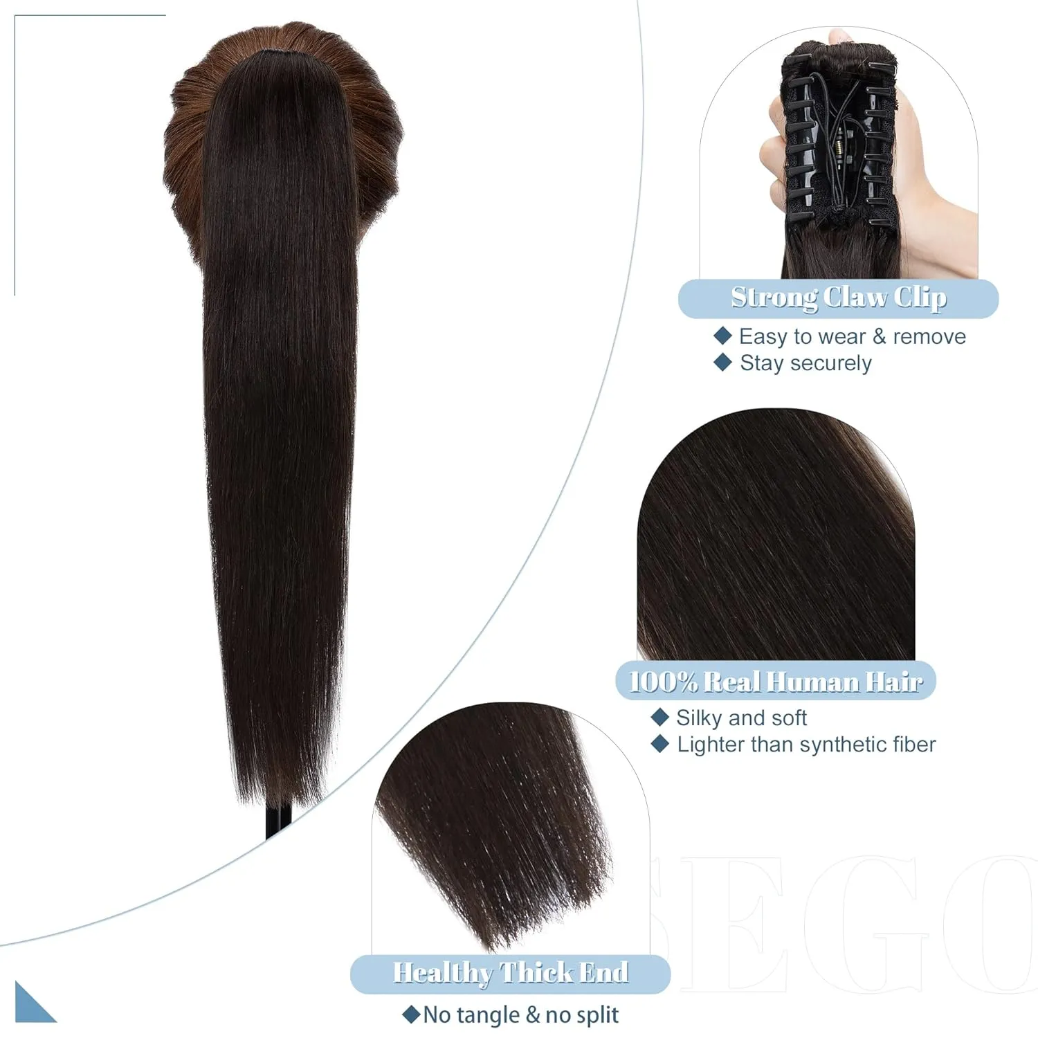 SEGO Claw Clip Ponytail Extension Human Hair Clip in Ponytail Hair Extensions Real Human Hair Pony Tails Hair Extensions Long Straight For Women 14 Inch Natural Black 105 Gram