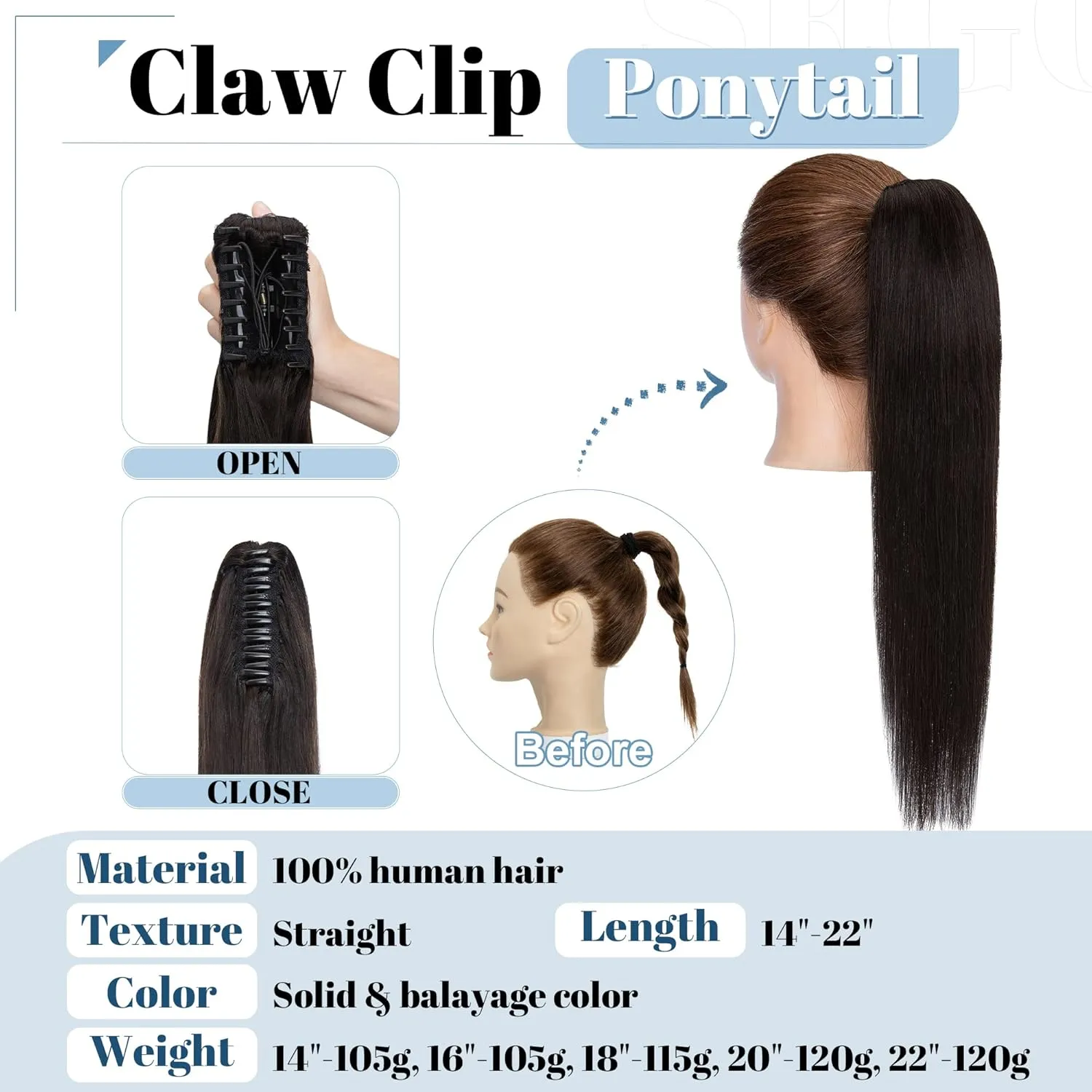 SEGO Claw Clip Ponytail Extension Human Hair Clip in Ponytail Hair Extensions Real Human Hair Pony Tails Hair Extensions Long Straight For Women 14 Inch Natural Black 105 Gram