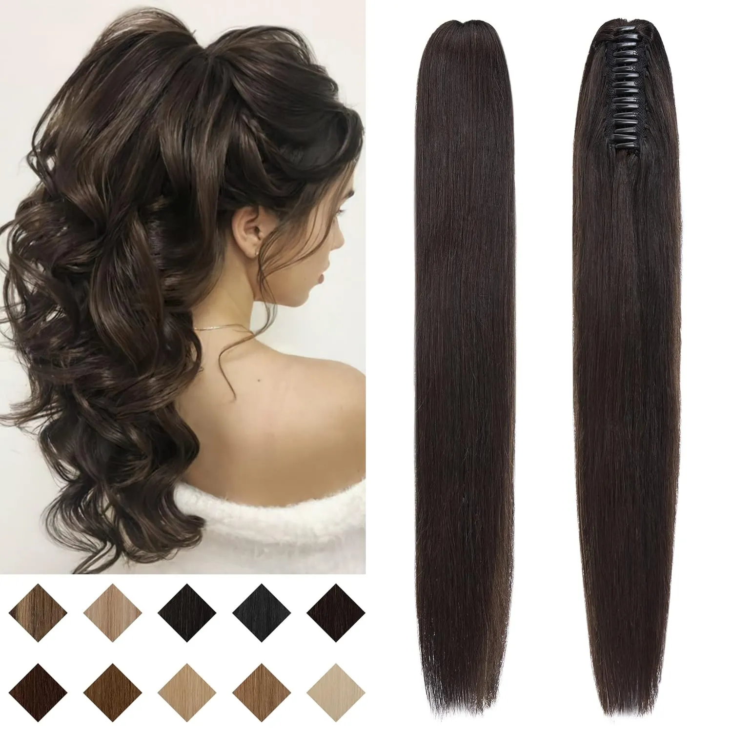 SEGO Claw Clip Ponytail Extension Human Hair Clip in Ponytail Hair Extensions Real Human Hair Pony Tails Hair Extensions Long Straight For Women 14 Inch Natural Black 105 Gram