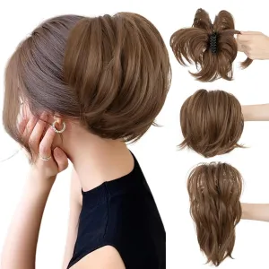 SEGO Claw Clip Short Ponytail Extension Messy Bun Hair Piece With 4 Bendable Metals DIY Synthetic Fake Hair Bun For Women 8 Inch-#10 Light Chestnut Brown