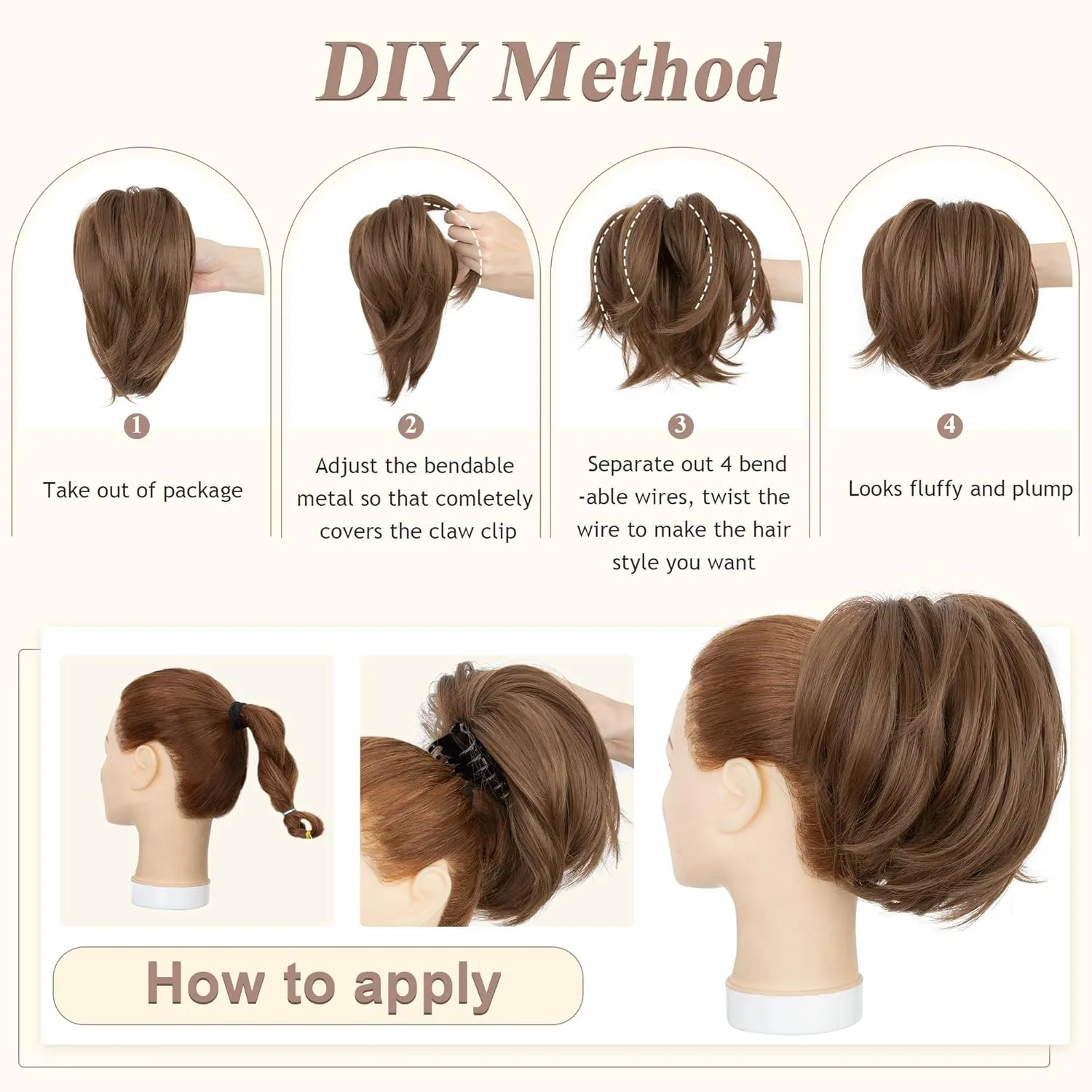 SEGO Claw Clip Short Ponytail Extension Messy Bun Hair Piece With 4 Bendable Metals DIY Synthetic Fake Hair Bun For Women 8 Inch-#10 Light Chestnut Brown