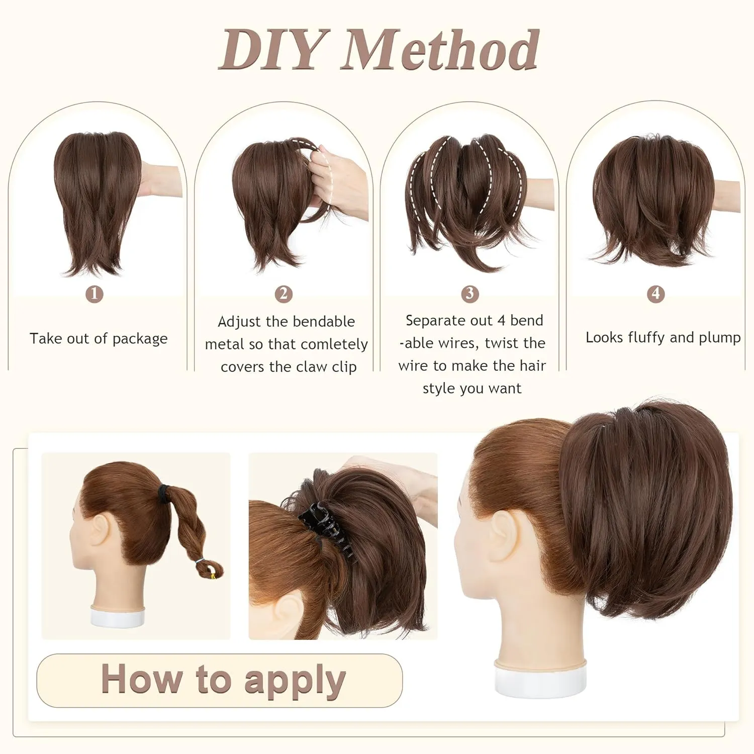 SEGO Claw Clip Short Ponytail Extension Messy Bun Hair Piece With 4 Bendable Metals DIY Synthetic Fake Hair Bun For Women 8 Inch-#10B Medium Brown