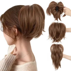 SEGO Claw Clip Short Ponytail Extension Messy Bun Hair Piece With 4 Bendable Metals DIY Synthetic Fake Hair Bun For Women 8 Inch-#12 Light Chocolate Brown