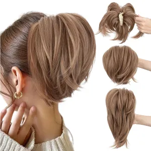 SEGO Claw Clip Short Ponytail Extension Messy Bun Hair Piece With 4 Bendable Metals DIY Synthetic Fake Hair Bun For Women 8 Inch-#12H24 Light Chocolate Brown/Neutral Blonde