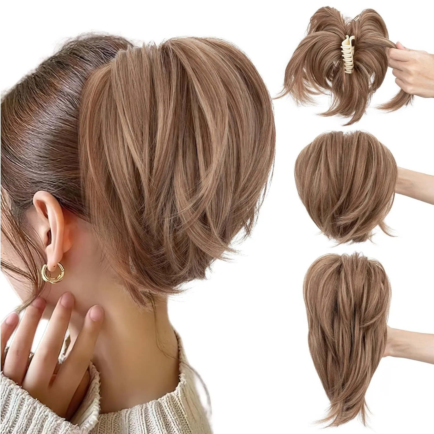 SEGO Claw Clip Short Ponytail Extension Messy Bun Hair Piece With 4 Bendable Metals DIY Synthetic Fake Hair Bun For Women 8 Inch-#12H24 Light Chocolate Brown/Neutral Blonde