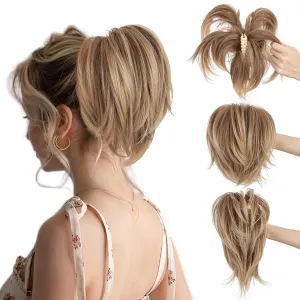 SEGO Claw Clip Short Ponytail Extension Messy Bun Hair Piece With 4 Bendable Metals DIY Synthetic Fake Hair Bun For Women 8 Inch-#12T24 Light Chocolate Brown to Neutral Blonde