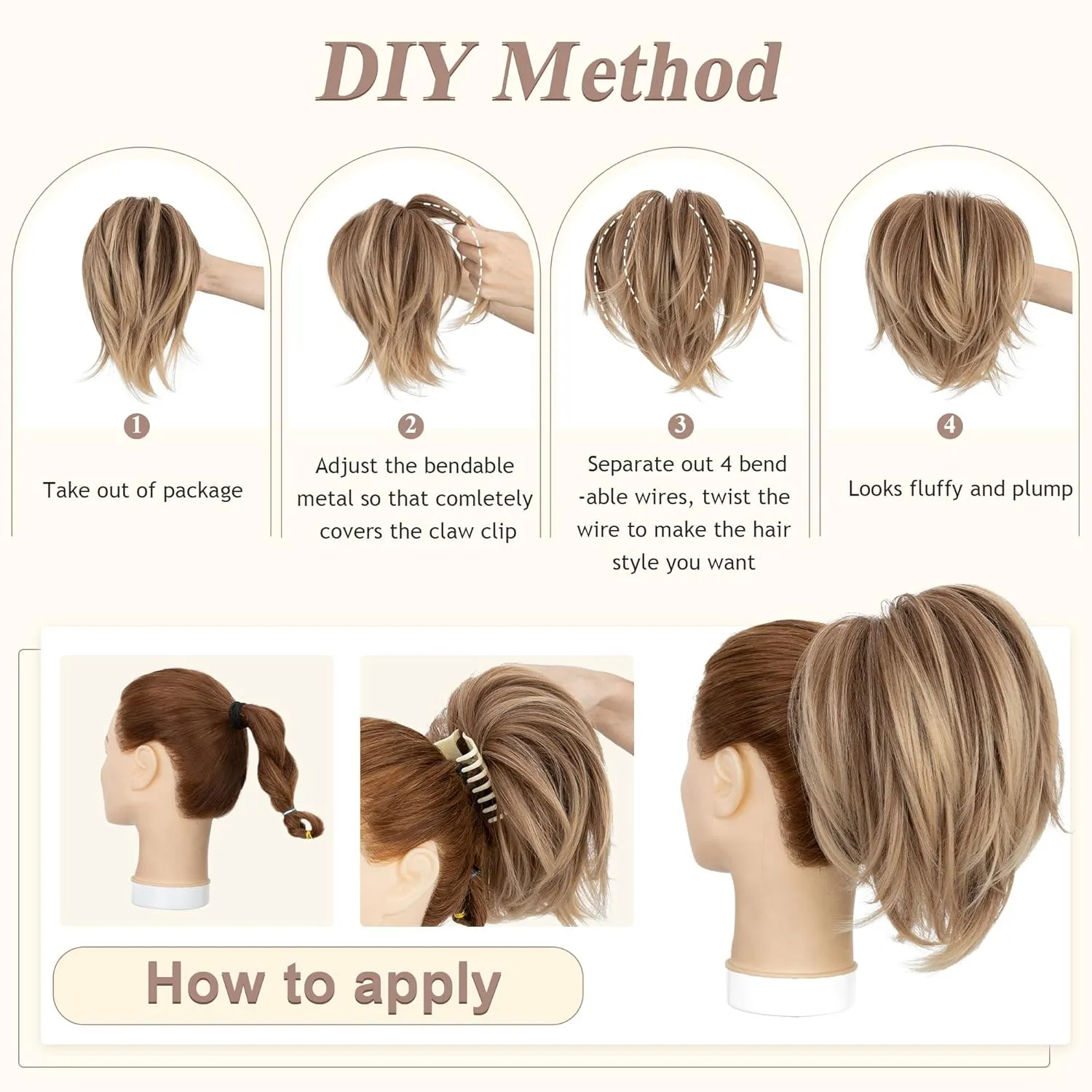SEGO Claw Clip Short Ponytail Extension Messy Bun Hair Piece With 4 Bendable Metals DIY Synthetic Fake Hair Bun For Women 8 Inch-#12T24 Light Chocolate Brown to Neutral Blonde