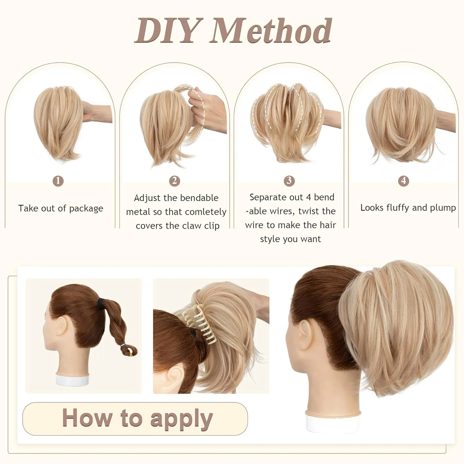 SEGO Claw Clip Short Ponytail Extension Messy Bun Hair Piece With 4 Bendable Metals DIY Synthetic Fake Hair Bun For Women 8 Inch-#18H613 Ash Brown/Bleach Blonde