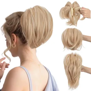 SEGO Claw Clip Short Ponytail Extension Messy Bun Hair Piece With 4 Bendable Metals DIY Synthetic Fake Hair Bun For Women 8 Inch-#18H613 Ash Brown/Bleach Blonde