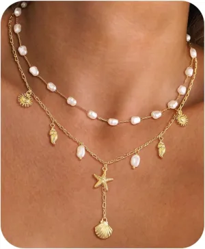 Shell Charm Necklace For Women Stack 14k Gold Plated Seashell Pearl Necklace Dainty Starfish Beach Layered Pendant Summer Boho Jewelry Gifts