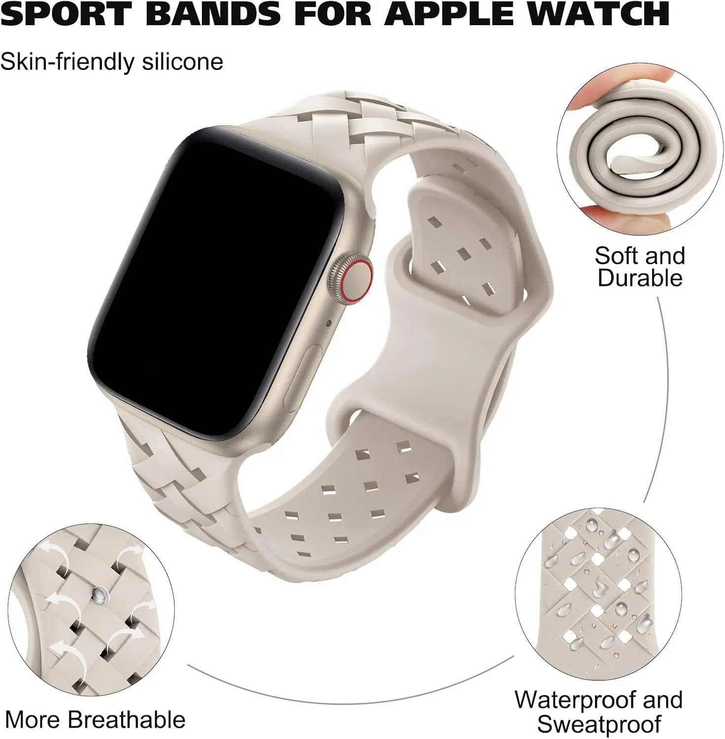 Silicone Braided Weave Bands Compatible with Apple Watch 38mm 40mm 41mm 42mm 44mm 46mm 45mm 49mm, Replacement Sport Breathable Strap for iWatch Series 10/9/8/7/6/5/4/3/2/1 Ultra SE Women Men, Starlight