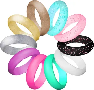 Silicone Wedding Ring For women, Thin and Stackable Durable Rubber Safe Band For Love, Couple, Souvenir and Outdoor Active Exercise Style-10 Rings Pack