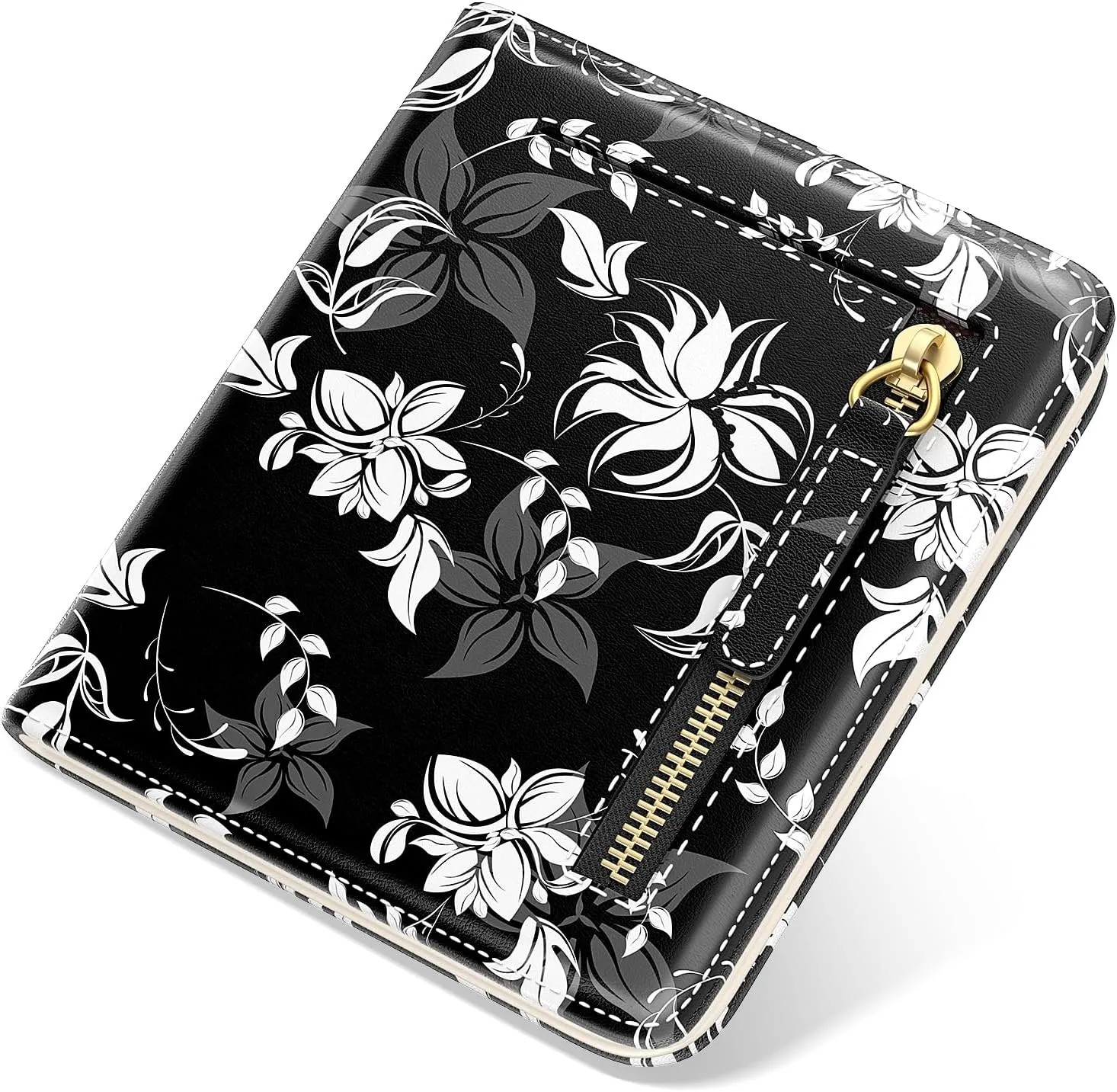 Small Wallet Women, Cute Flower Theme RFID Blocking Credit Card Holder for Women, Leather Billfold Slim Card Holder Wallets for Travel, Thin Bifold Pocket Mini Purse with ID Window, Black