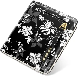 Small Wallet Women, Cute Flower Theme RFID Blocking Credit Card Holder for Women, Leather Billfold Slim Card Holder Wallets for Travel, Thin Bifold Pocket Mini Purse with ID Window, Black