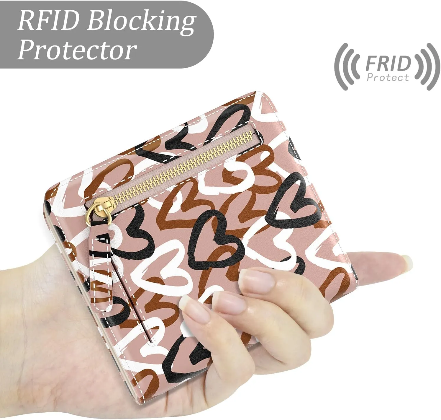 Small Wallet Women, Cute RFID Blocking Credit Card Holder for Women, Leather Billfold Slim Card Holder Wallets for Travel, Thin Bifold Pocket Mini Coin Purse with ID Window, Brown Heart