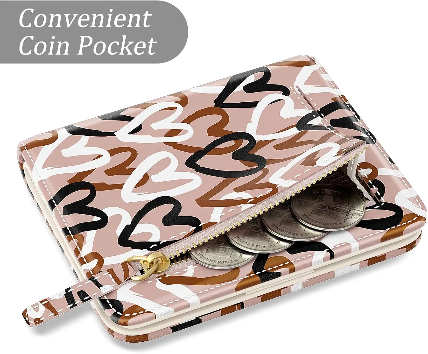 Small Wallet Women, Cute RFID Blocking Credit Card Holder for Women, Leather Billfold Slim Card Holder Wallets for Travel, Thin Bifold Pocket Mini Coin Purse with ID Window, Brown Heart