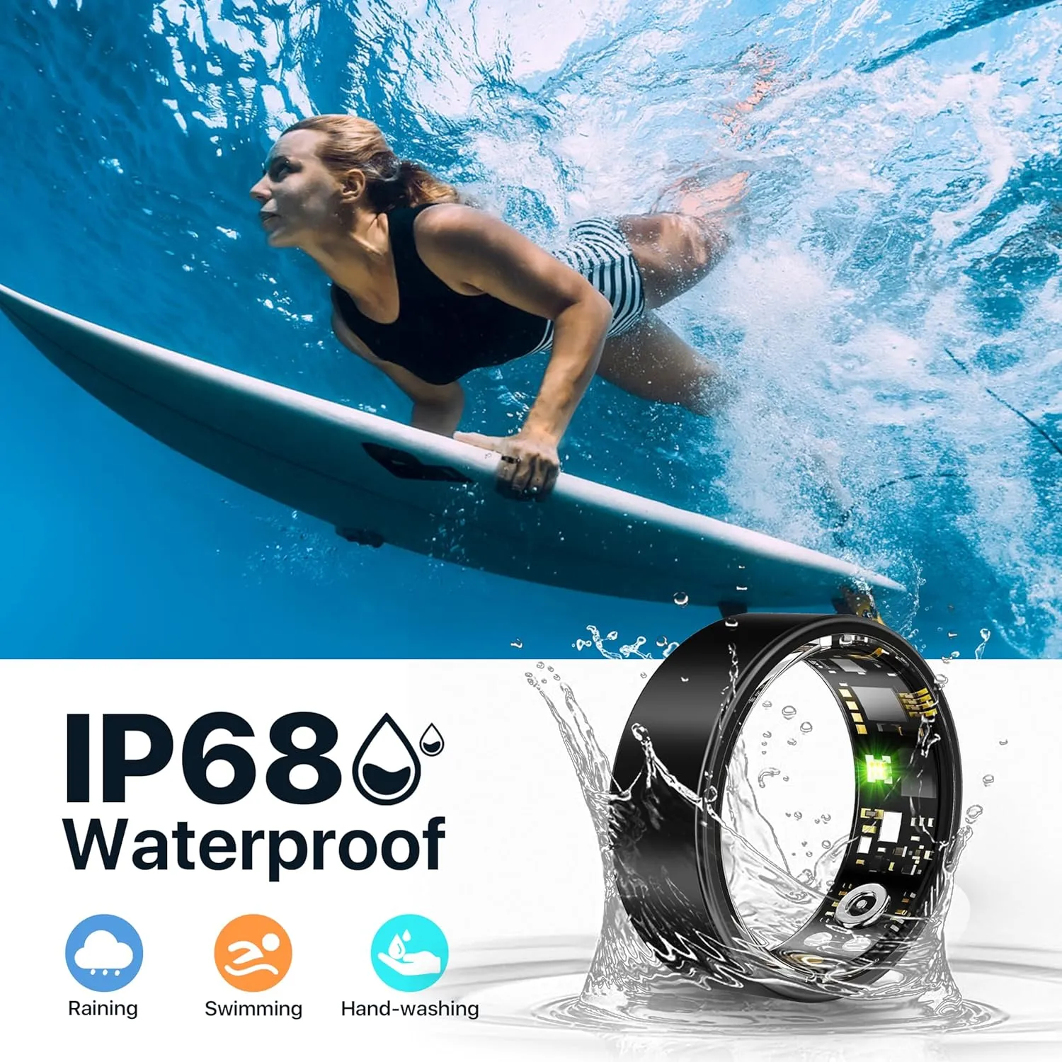 Smart Ring Health Tracker - 24/7 Fitness & Sleep Tracking with Heart Rate Monitor, IP68 Waterproof Activity Tracker for Men/Women, 50  Workout Modes, 7-Day Battery