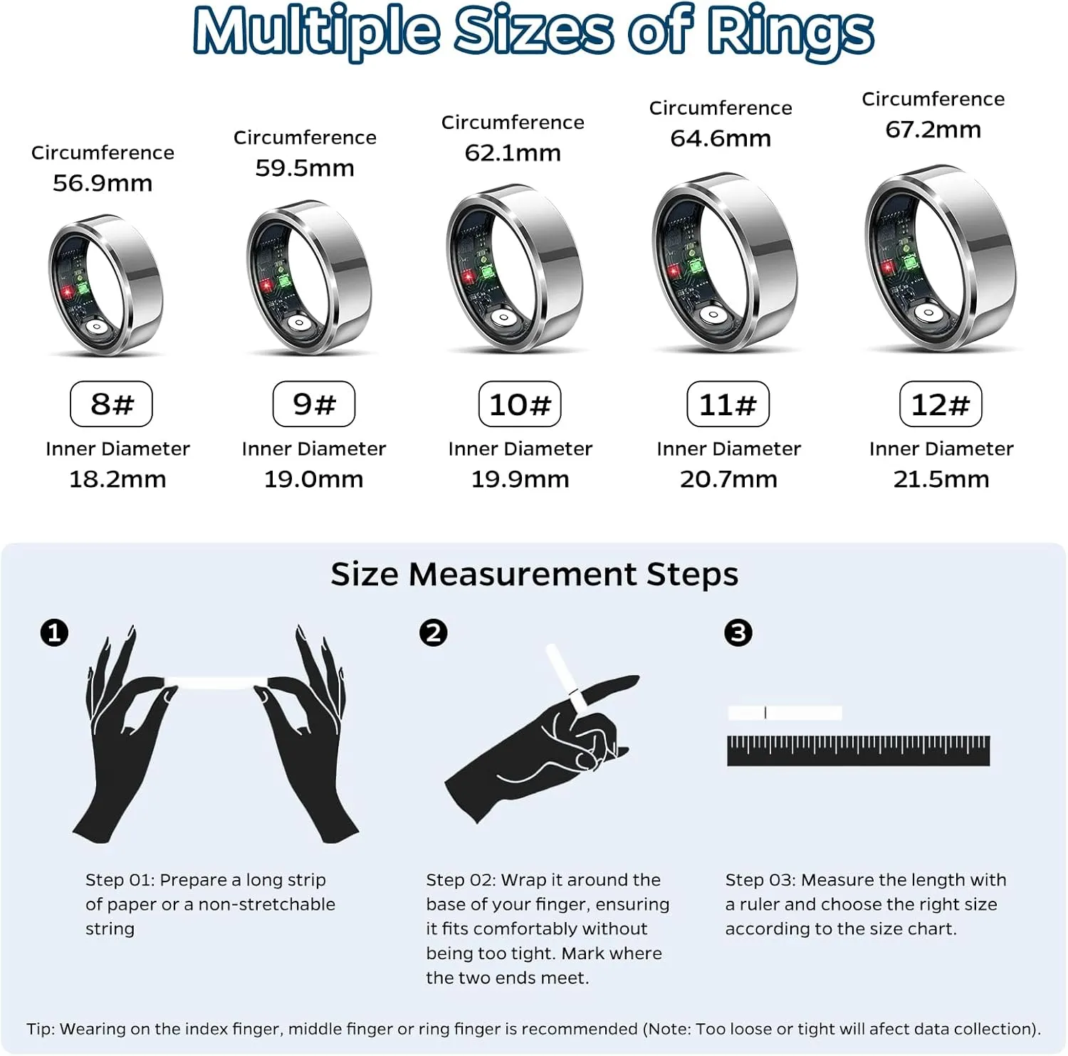 Smart Ring Health Tracker, Sleep Tracker Ring with Heart Rate, Waterproof Fitness Ring for Activity Monitoring/Steps/Distance/Calories, Air Gestures, Up to 7-Day Battery, for iOS Android (Silver,#8)