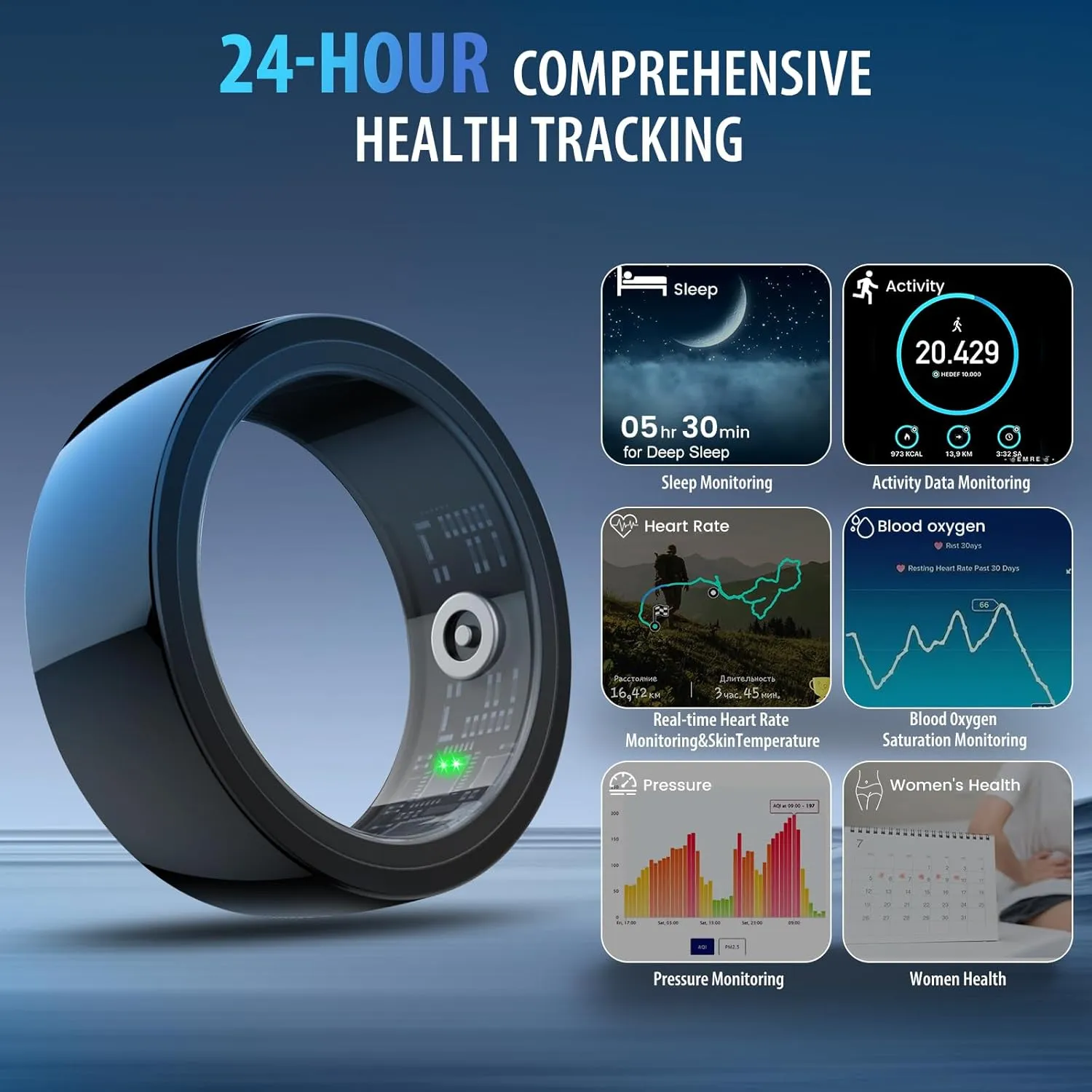 Smart Ring, Smart Health Ring for Women Men, Smart Ring Fitness Tracker, Health&Sleep Tracker,IP68 Waterproof,Remote Camera Control,No App Fee for Standard Features, for iPhone & Android(Black, 10#)