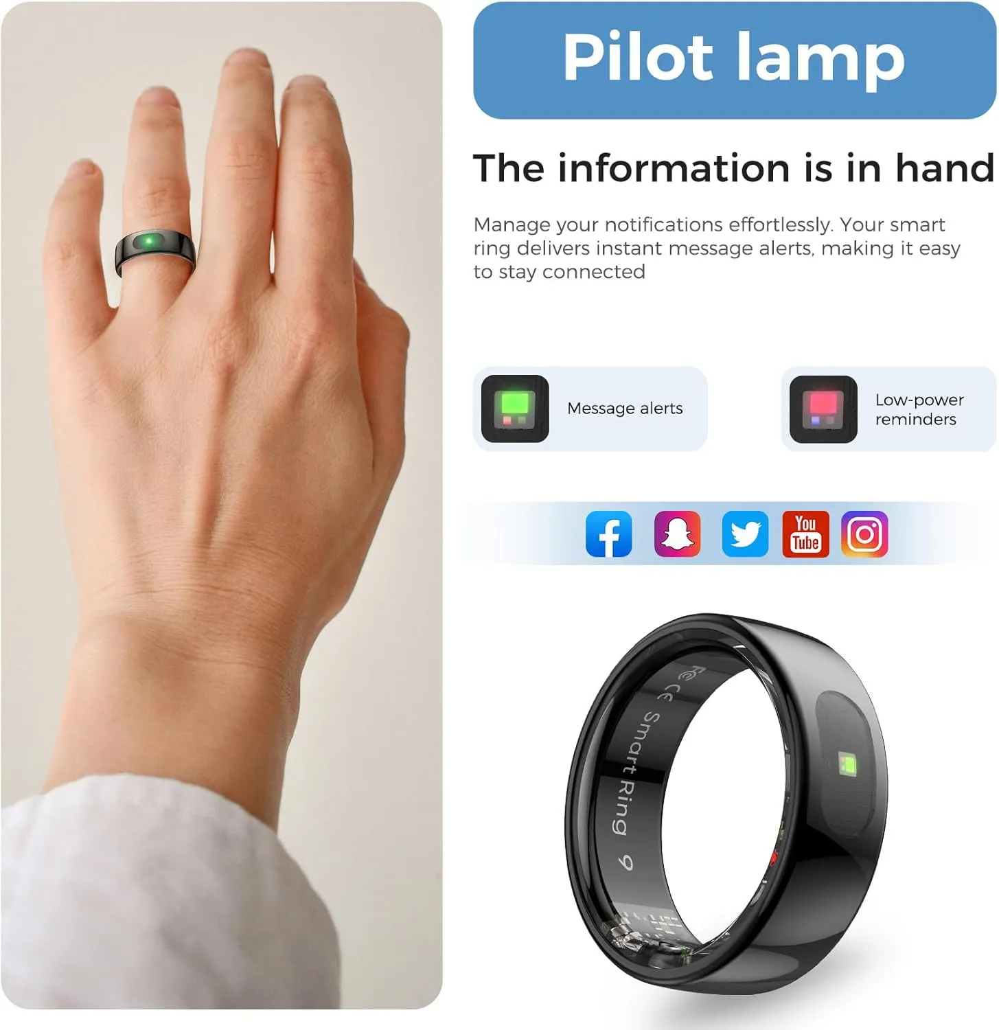 Smart Ring with Instant Notification Alerts & Gesture Control - Sleep Tracker Ring, Fitness Ring for Steps & Heart Rate, IP68 Waterproof Black #08