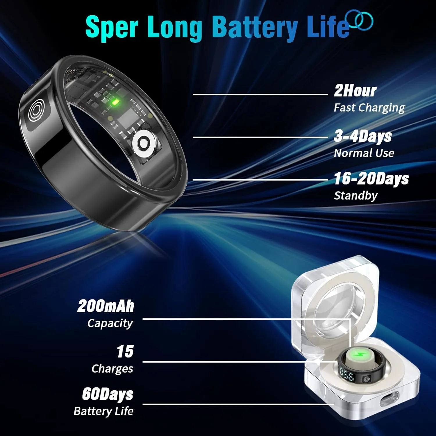 Smart Rings for Women Men, Fitness Tracker Ring with LED Display Screen, IP68 Waterproof Fitness Ring with Sleep Tracker/Heart Rate/Blood/Oxyge, Charging case (Black, 8)