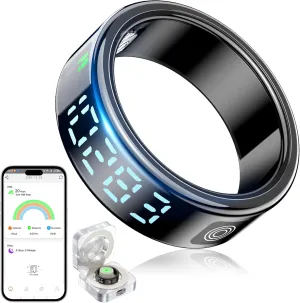 Smart Rings for Women Men, Fitness Tracker Ring with LED Display Screen, IP68 Waterproof Fitness Ring with Sleep Tracker/Heart Rate/Blood/Oxyge, Charging case (Black, 8)