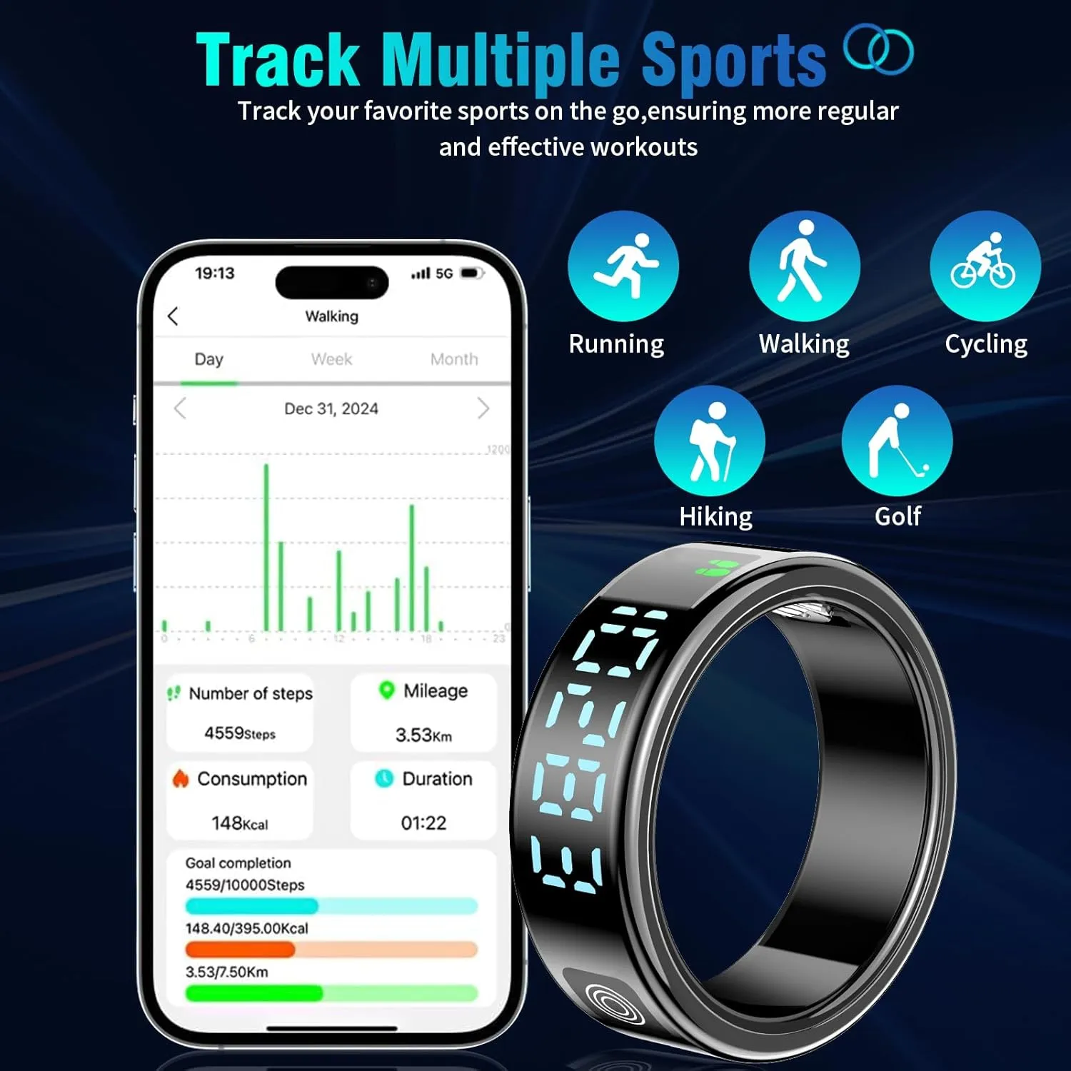 Smart Rings for Women Men, Fitness Tracker Ring with LED Display Screen, IP68 Waterproof Fitness Ring with Sleep Tracker/Heart Rate/Blood/Oxyge, Charging case (Black, 8)