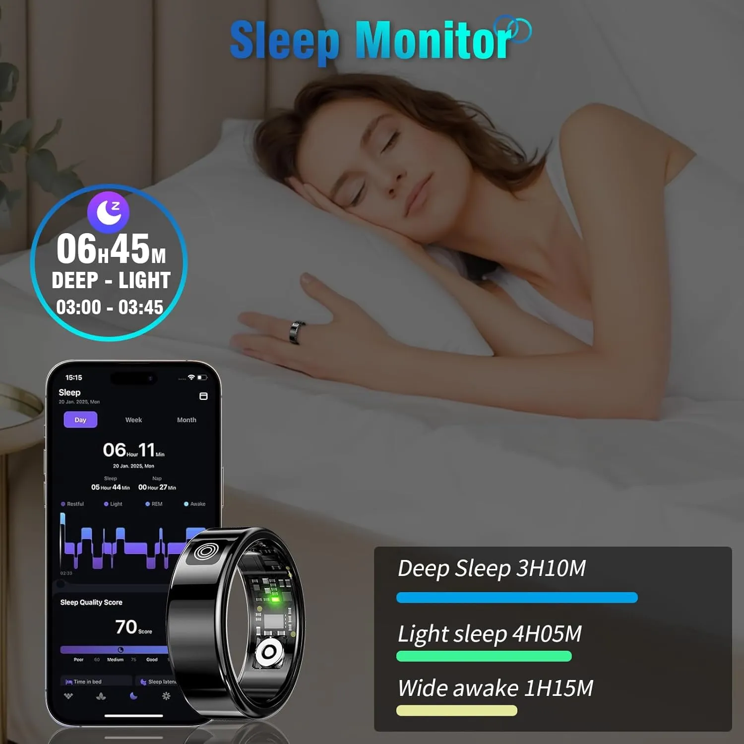 Smart Rings for Women Men, Fitness Tracker Ring with LED Display Screen, IP68 Waterproof Fitness Ring with Sleep Tracker/Heart Rate/Blood/Oxyge, Charging case (Black, 8)