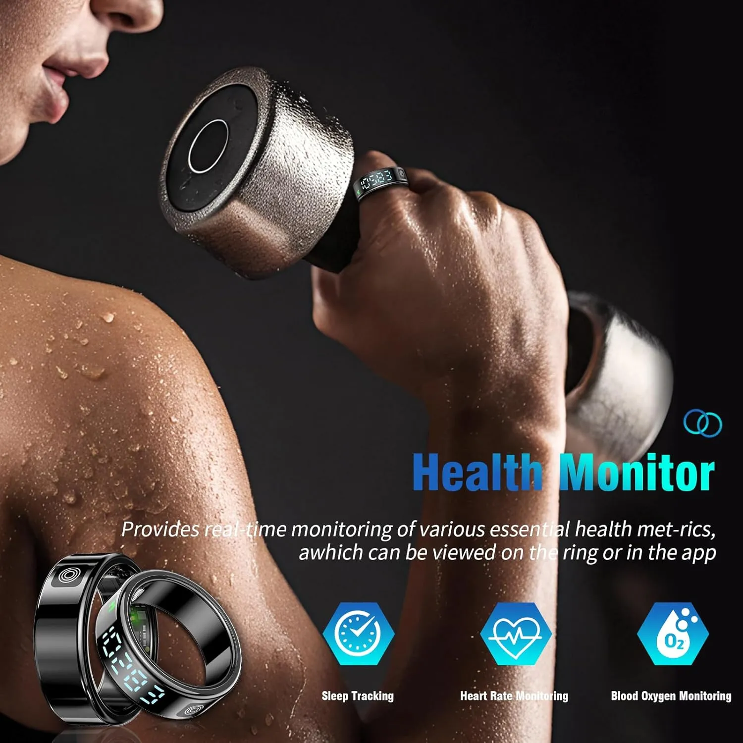 Smart Rings for Women Men, Fitness Tracker Ring with LED Display Screen, IP68 Waterproof Fitness Ring with Sleep Tracker/Heart Rate/Blood/Oxyge, Charging case (Black, 8)