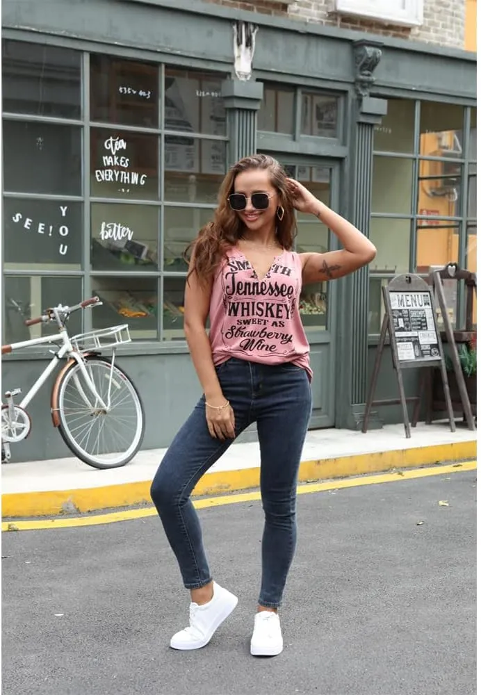 Smooth As Tennessee Tank Top Sweet As Strawberry Shirt Ring Hole Sleeveless Sexy V Neck Womens Retro Country Music Top