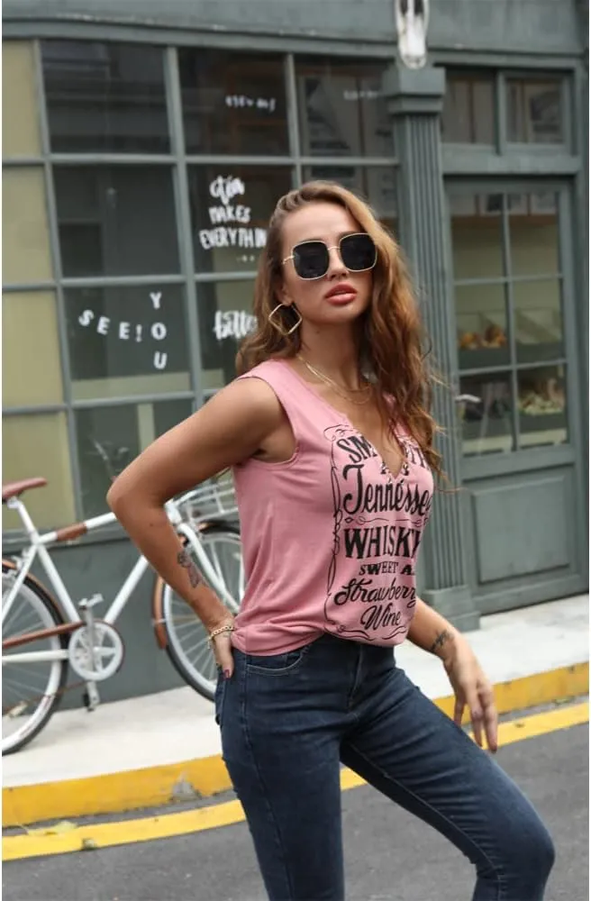 Smooth As Tennessee Tank Top Sweet As Strawberry Shirt Ring Hole Sleeveless Sexy V Neck Womens Retro Country Music Top