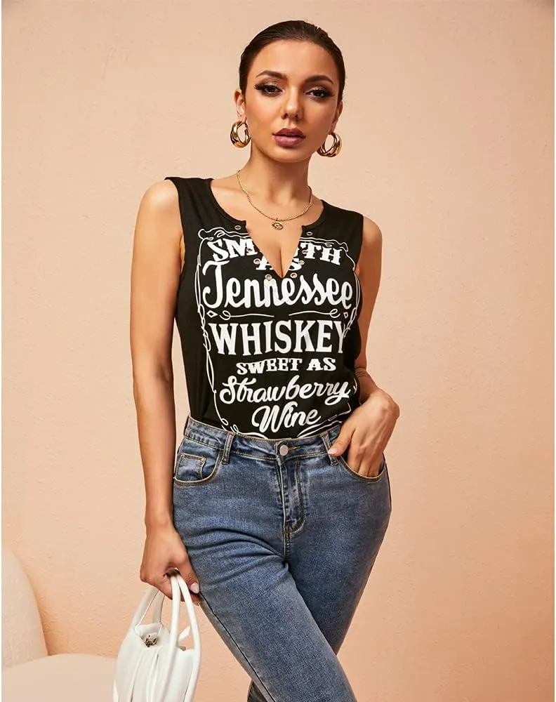 Smooth As Tennessee Tank Top Sweet As Strawberry Shirt Ring Hole Sleeveless Sexy V Neck Womens Retro Country Music Top