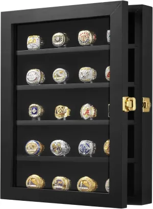 Solid Wood Championship Ring Display Case, 20 Cones Baseball Ring Display Case, Large Wall Mount Wooden Shadow Box with Locks to Show Award,Sport, Class, Fraternity, and Various Rings (Black)