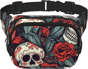Sugar skulls and red roses Fanny Pack Adjustable Crossbody Bag Large Waist Bag Travel Belt Bag Unisex Bum Bag