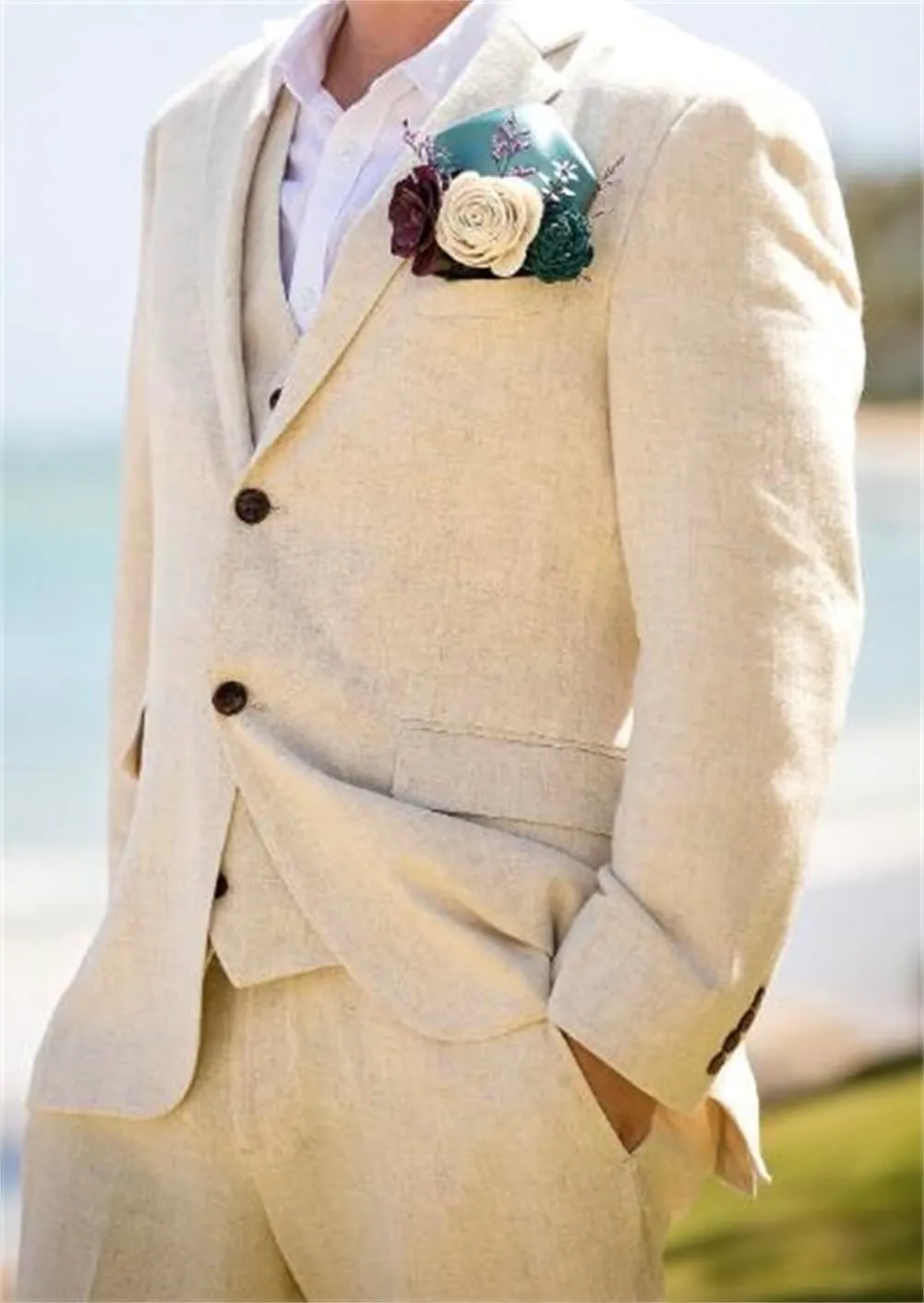 Summer Linen Wedding Mens Suits Mens Tuxedo Blazer Pants Beach Wedding Grooms